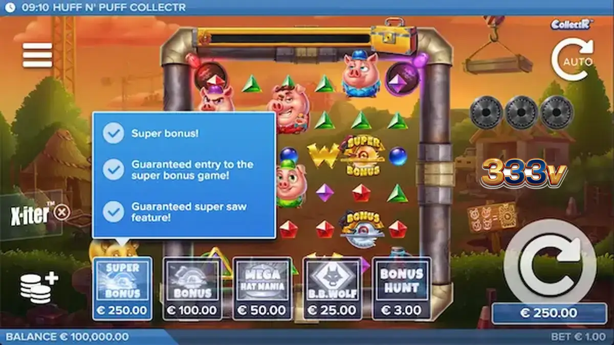 Tampilan visual slot Huff N' Puff CollectR dengan karakter babi dan serigala